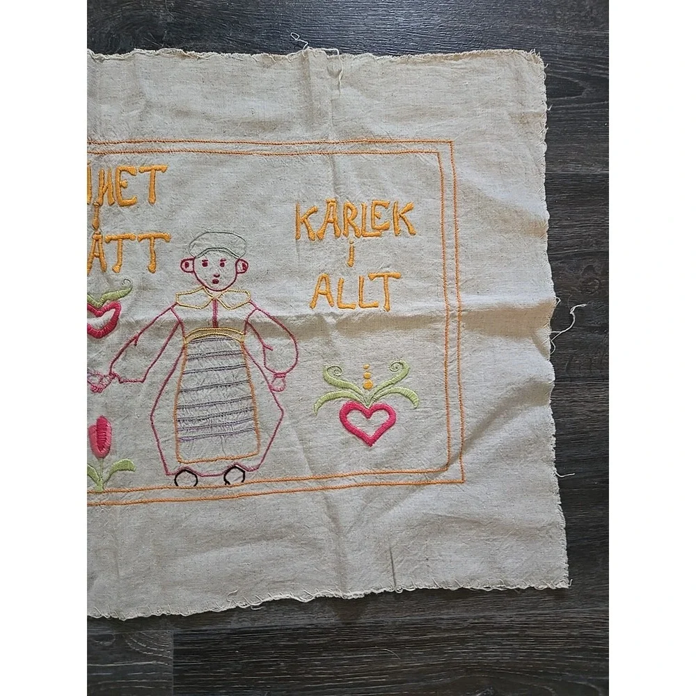 VTG Swedish Embroidered Linen Needlework Children Hearts Frihet Sutt